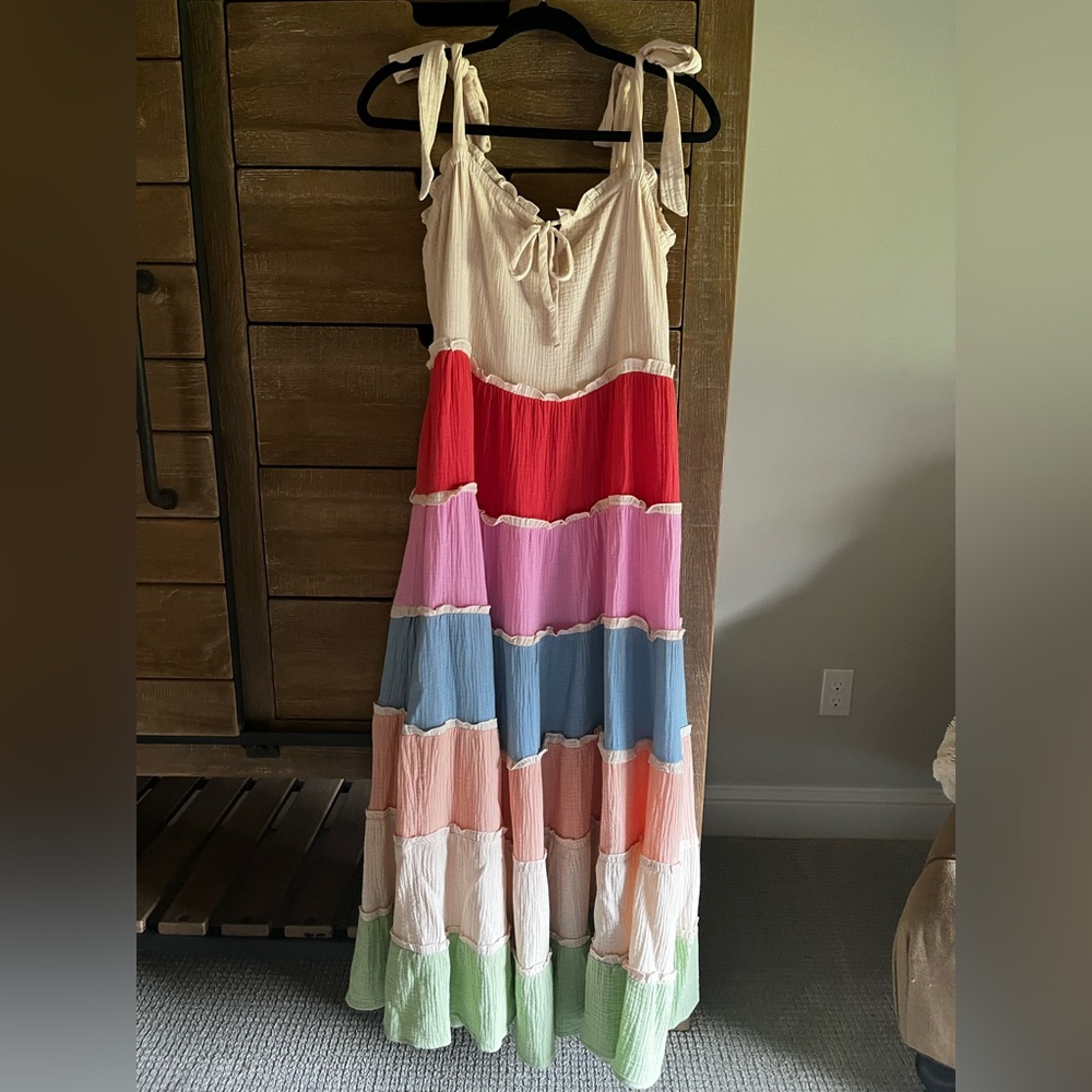 Tiered Pastel Colorblock Maxi Dress with Tie Straps